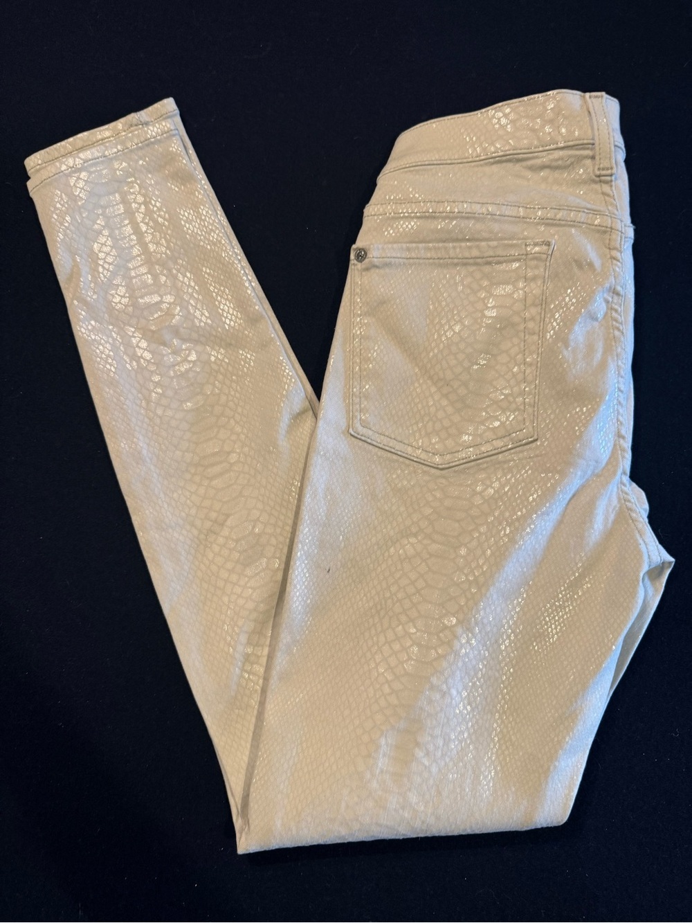 7 For All Mankind White Snake-Print Skinny Jeans with Subtle Shine